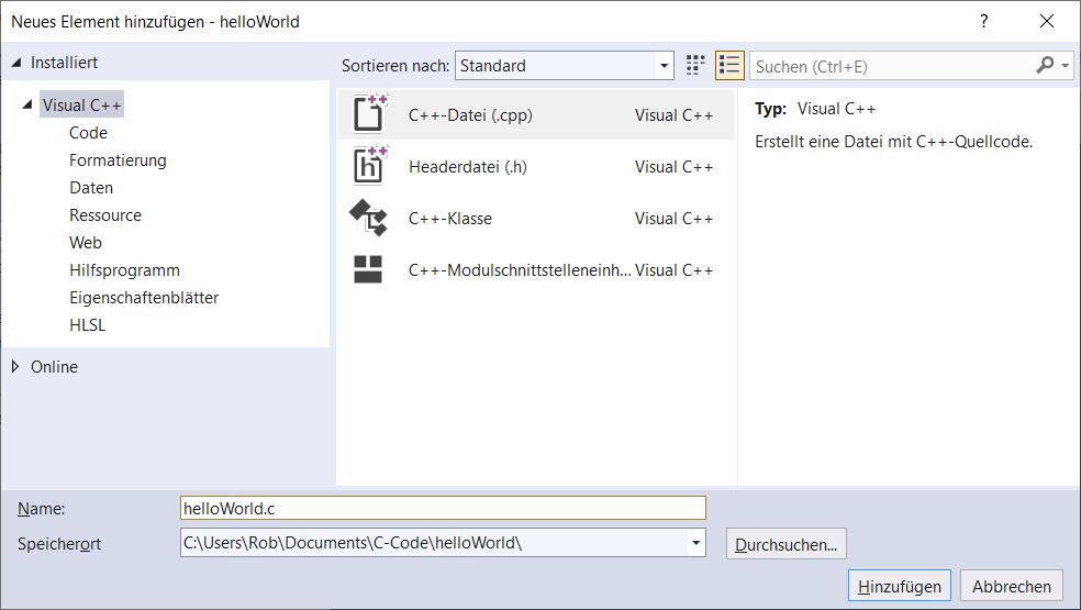 Dialog: neue Datei in Projekt