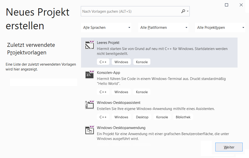 Dialog: neues Projekt 1