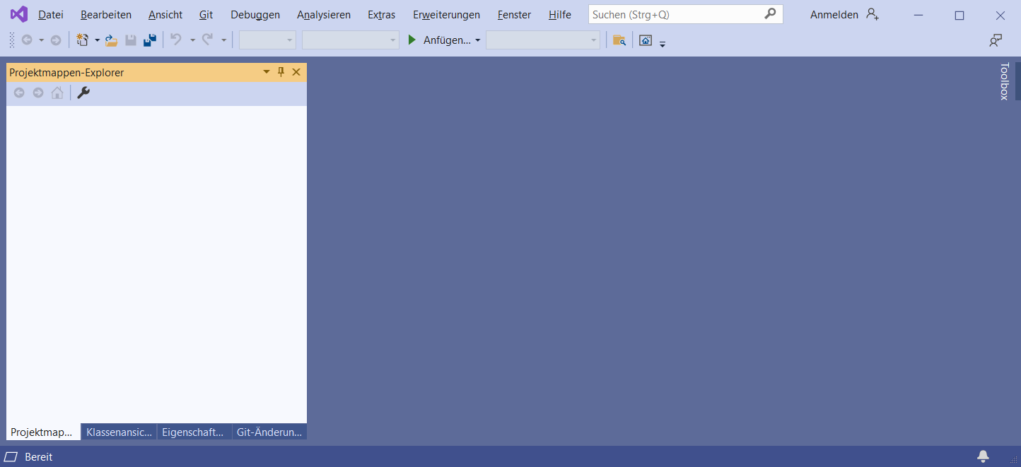 Startbild von Visual Studio 2019 mit C/C++